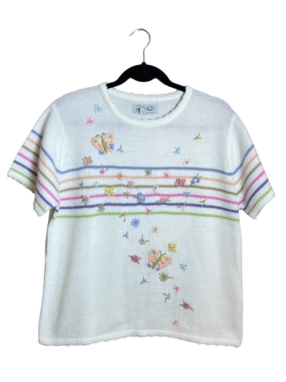 Haband‎ Vintage Knit Sweater Short Sleeve Floral Butterfly Large
